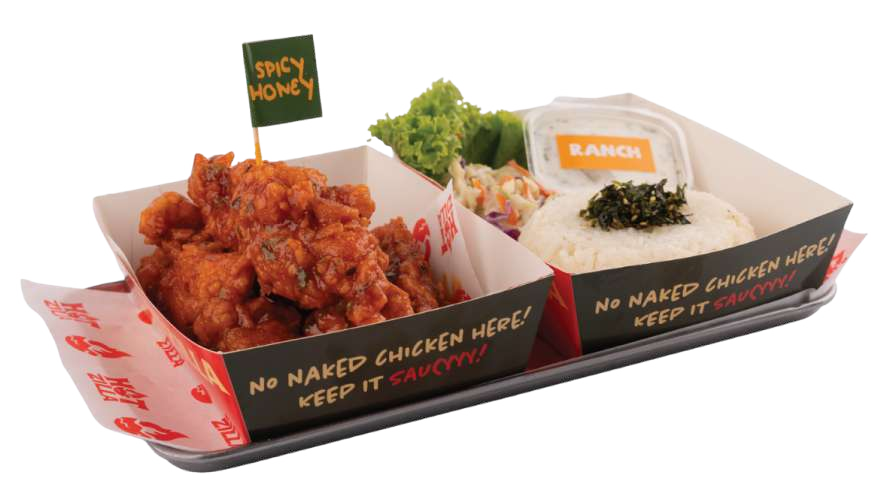 Steel canteen tray with chicken tenders, mushroom soup, coleslaw, fries and pickled sengkuang