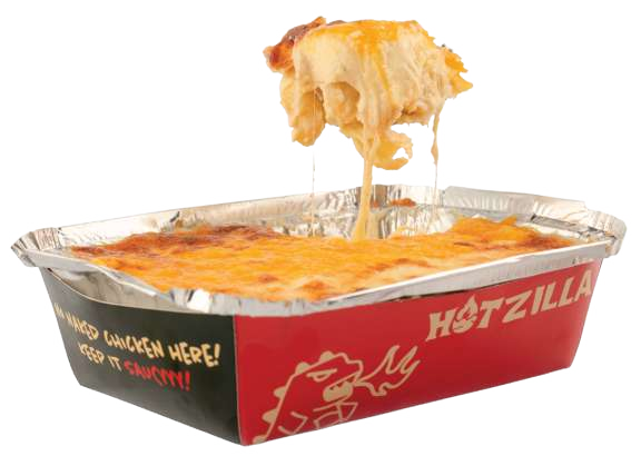 Six chicken wings glazed in sauce in a Hotzilla branded box