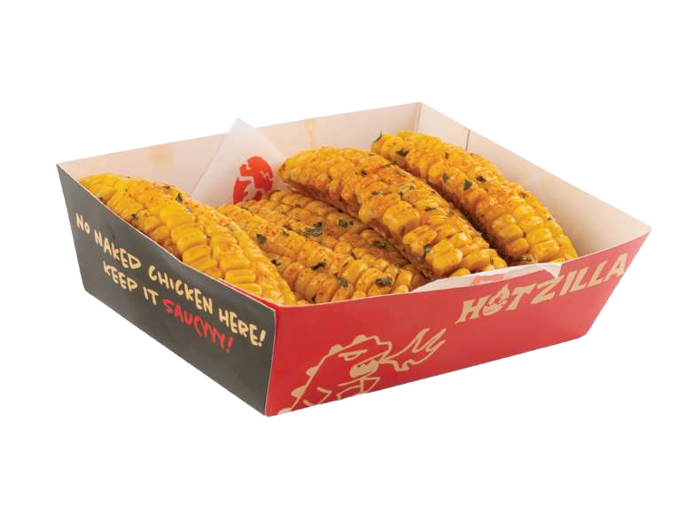 Garlic butter corn ribs sprinkled with herbs in a Hotzilla branded box