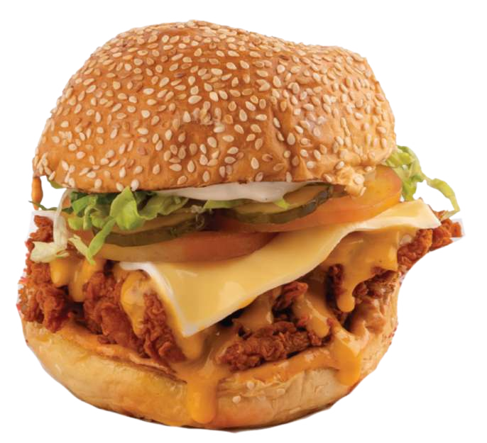 Crispy chicken thigh burger with cheese and pickles on a sesame bun