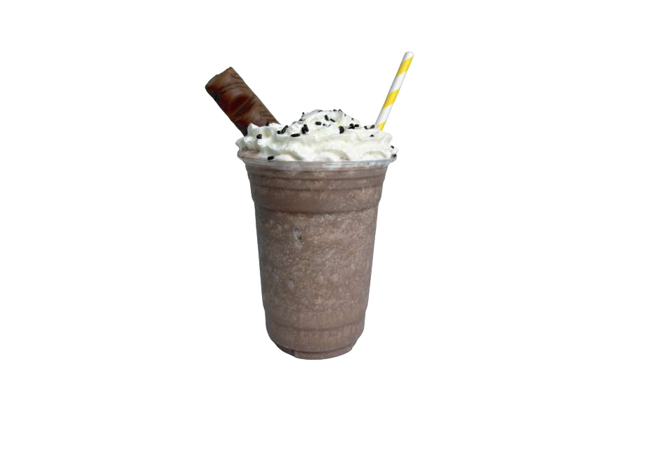 Chocolate Kinder Bueno milkshake topped with whipped cream and a chocolate stick