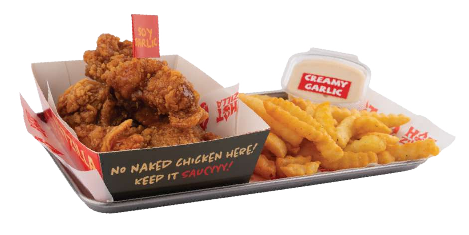 Tray with chicken tenders, tangy onion fries and creamy garlic dip