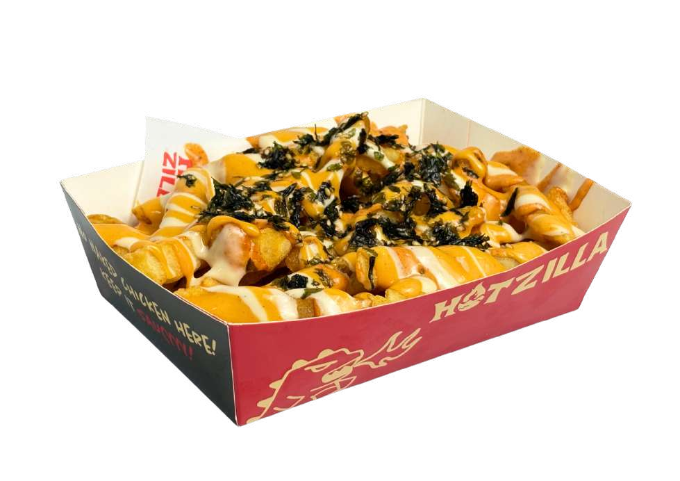 Crinkle fries in a Hotzilla box drizzled with cheese sauce and umami seaweed flakes