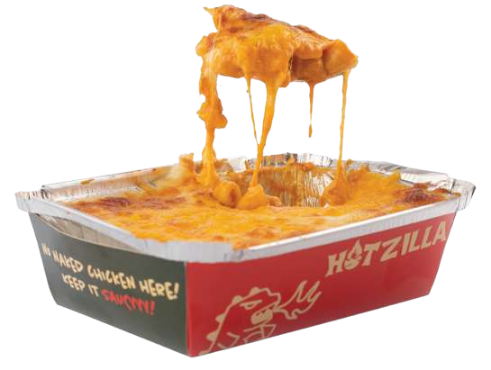 Two chicken tenders in a Hotzilla branded box with a spicy honey flag