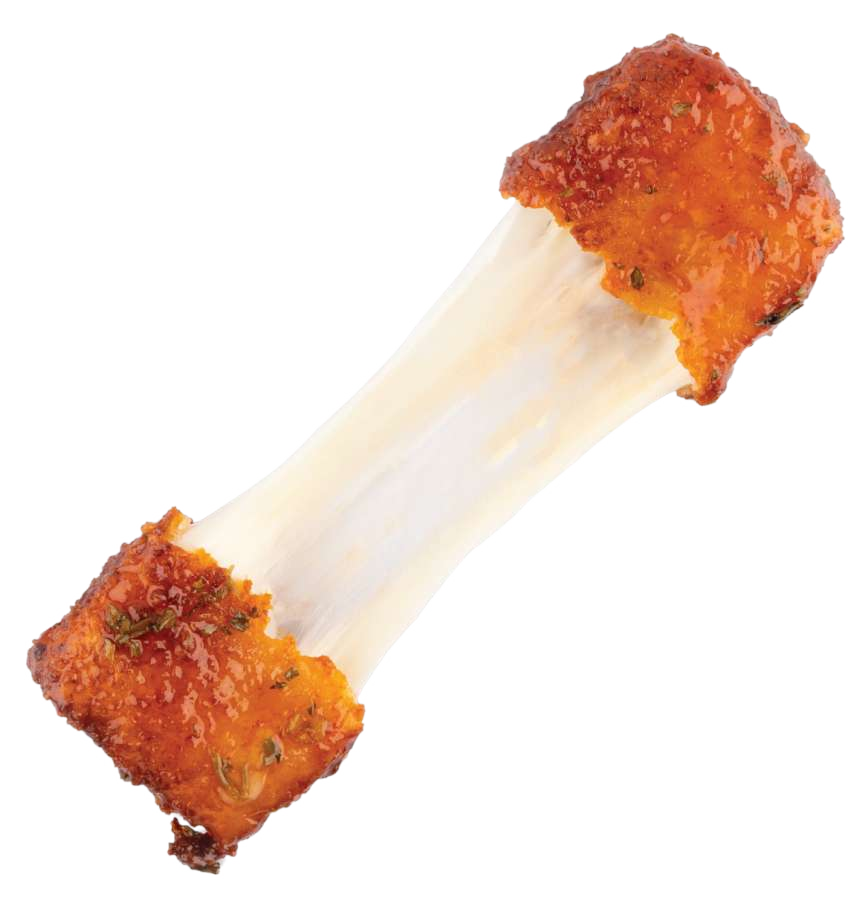 Crispy mozzarella tender with cheese pulling between two halves, glazed in spicy honey