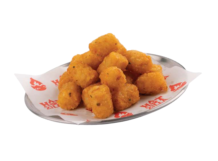 Golden tater tots piled on a Hotzilla branded plate